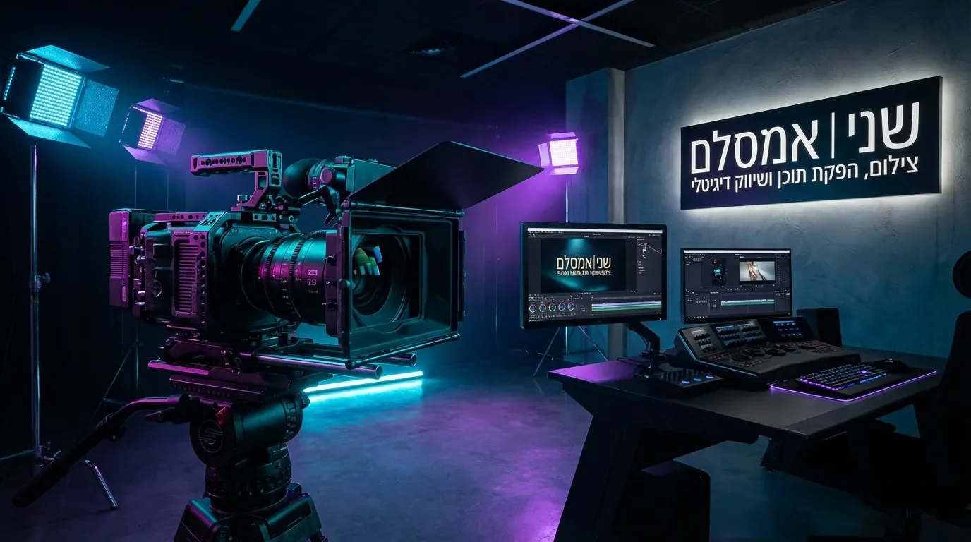 סביבת הפקת תוכן קולנועית מקצועית עם ציוד צילום ותאורה